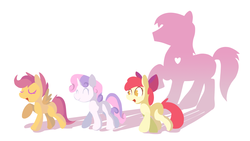 Size: 1920x1080 | Tagged: safe, artist:mastercheefs, apple bloom, scootaloo, sweetie belle, earth pony, pegasus, pony, unicorn, flight to the finish, g4, apple bloom's bow, blank flank, bow, cutie mark crusaders, eyes closed, female, filly, foal, hair bow, heart, hearts as strong as horses, open mouth, raised hoof, shadow, spread wings, walking, wings