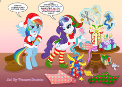Size: 922x661 | Tagged: safe, artist:vanessasan, rainbow dash, rarity, pony, g4, bipedal, christmas, clothes, dialogue, hat, italian, magic, present, santa hat, table, translated in the comments