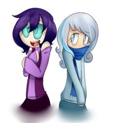 Size: 846x889 | Tagged: safe, artist:skullbow09, oc, oc only, oc:nyx, oc:snowdrop, human, arm hooves, clothes, duo, female, human coloration, humanized, light skin, no nose, open mouth, scarf, simple background, smiling, snownyx, transparent background