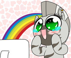 Size: 600x491 | Tagged: safe, artist:shiarr, zecora, zebra, g4, blushing, computer, female, rainbow, reaction image, solo