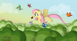 Size: 3840x2064 | Tagged: safe, artist:apollobroda, fluttershy, bird, g4, female, flying, mouth hold, rose, solo