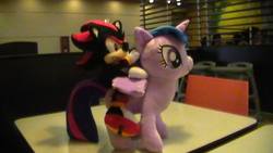 Size: 640x360 | Tagged: safe, artist:onlyfactory, twilight sparkle, g4, bootleg, crossover, irl, male, photo, plushie, shadow the hedgehog, sonic the hedgehog, sonic the hedgehog (series), the ultimate power