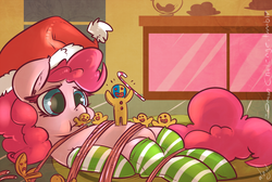 Size: 1200x807 | Tagged: safe, artist:atryl, pinkie pie, earth pony, pony, g4, bondage, braveheart, candy cane, clothes, female, food, gingerbread man, gulliver's travels, hat, licorice, mare, parody, rope, santa hat, size difference, socks, tied up, william wallace
