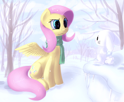 Size: 1500x1241 | Tagged: safe, artist:hieronymuswhite, angel bunny, fluttershy, g4, clothes, scarf, snow, snowball, snowfall