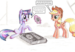 Size: 1300x900 | Tagged: safe, artist:sirzi, applejack, twilight sparkle, earth pony, pony, unicorn, g4, book of the dead, female, levitation, magic, mare, telekinesis, the mummy, this will not end well, traditional art