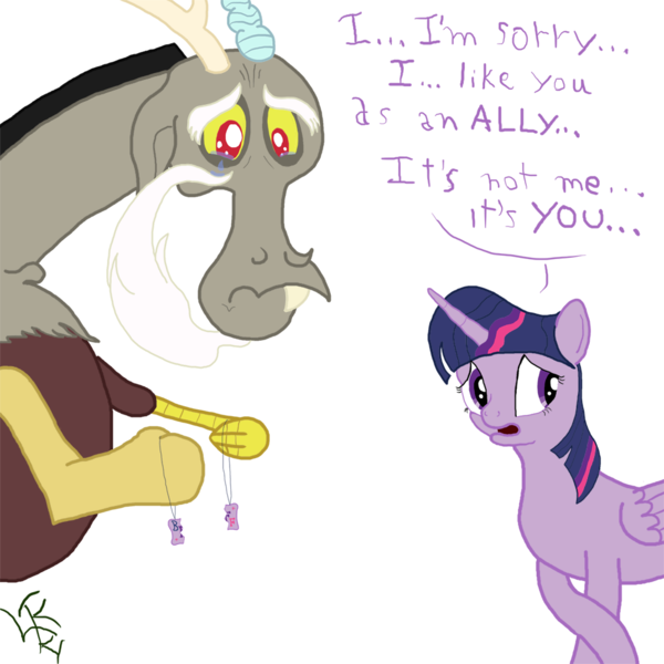 500573 - safe, artist:php21, derpibooru exclusive, discord, twilight sparkle,  alicorn, pony, awkward, breakup, crying, female, friends, mare, necklace,  rejection, twilight sparkle (alicorn) - Derpibooru