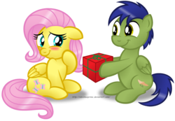 Size: 1024x708 | Tagged: safe, artist:aleximusprime, fluttershy, oc, oc:glyde, g4, blushing, canon x oc, christmas, present, simple background, transparent background