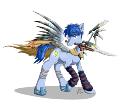 Size: 955x836 | Tagged: safe, artist:greenknight1, pony, artificial wings, augmented, baten kaitos, kalas, mechanical wing, ponified, solo, sword, winglet, wings