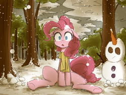 Size: 1024x768 | Tagged: dead source, safe, artist:うめぐる, pinkie pie, earth pony, pony, g4, clothes, female, forest, mare, open mouth, scarf, snow, snowfall, snowman, solo, tree, wings