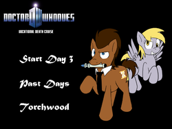 Size: 640x480 | Tagged: safe, artist:mikeythefox, derpy hooves, doctor whooves, time turner, earth pony, pegasus, pony, vocational death cruise, g4, doctor who, duo, female, male, mare, necktie, sonic screwdriver, stallion, tardis, the doctor