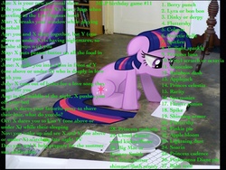 Size: 1024x768 | Tagged: safe, apple bloom, applejack, fluttershy, pinkie pie, princess cadance, princess celestia, princess luna, rainbow dash, rarity, scootaloo, shining armor, spike, sweetie belle, twilight sparkle, pony, unicorn, g4, birthday game, computer, cutie mark crusaders, exploitable meme, female, irl, laptop computer, macbook, macintosh (computer), mane six, mare, meme, photo, ponies in real life, text