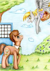 Size: 1213x1729 | Tagged: safe, artist:crazydiary86, derpy hooves, dinky hooves, doctor whooves, time turner, pegasus, pony, g4, bush, doctor who, equestria's best mother, female, grass, male, mare, necktie, saddle bag, ship:doctorderpy, shipping, straight, tardis, the doctor, traditional art