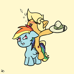 Size: 3000x3000 | Tagged: safe, artist:doggonepony, applejack, rainbow dash, g4, applejack riding rainbow dash, blushing, drunk, drunk aj, duo, hat, high res, pith helmet, ponies riding ponies, riding