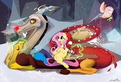 Size: 1280x864 | Tagged: safe, artist:monsieurwilliam, discord, fluttershy, g4, christmas, clothes, knitting, magic, red nose, roleplaying, santa claus, scarf, snow