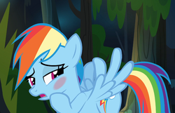 Size: 908x586 | Tagged: safe, screencap, rainbow dash, pony, daring don't, g4, blushing, dashabuse, female, slap, solo