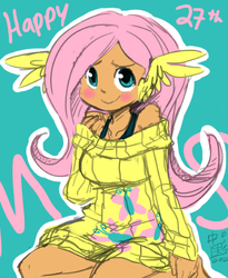 Size: 510x622 | Tagged: safe, artist:chinad011, fluttershy, human, g4, clothes, cute, cute ponies in sweaters, female, humanized, moderate dark skin, off shoulder, sitting, solo, sweater, sweatershy, wing ears