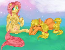 Size: 2431x1871 | Tagged: safe, artist:misukitty, applejack, fluttershy, g4, duo, full body, looking back, lying down, partially open wings, prone, raised hoof, sitting, wings
