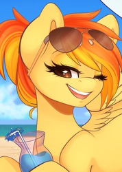 Size: 1229x1725 | Tagged: safe, artist:spittfireart, spitfire, pegasus, pony, g4, beach, cloud, cute, cutefire, drink, female, glasses, looking at you, mare, one eye closed, open mouth, sand, sky, smiling, solo, straw, sunglasses, water, wink, winking at you