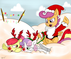 Size: 6000x5000 | Tagged: dead source, safe, artist:bloodyhellhayden, apple bloom, scootaloo, sweetie belle, g4, absurd resolution, christmas, clothes, cutie mark crusaders, fake beard, holiday, red nose, reindeer antlers, rudolph nose, santa costume, sleigh, snow