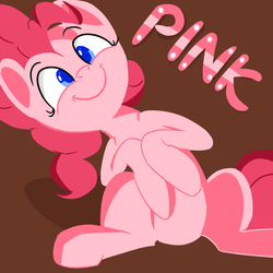 Size: 1000x1000 | Tagged: safe, artist:january3rd, pinkie pie, earth pony, pony, g4, colored pupils, female, mare, one word, sitting, smiling, solo