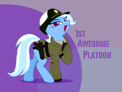Size: 1622x1230 | Tagged: safe, artist:ethanchang, trixie, pony, unicorn, g4, 1st awesome platoon, army, female, gun, helmet, holster, m1911, mare, military uniform, pistol, solo