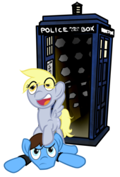 Size: 1244x1825 | Tagged: safe, artist:niksiekins, derpy hooves, doctor whooves, time turner, pegasus, pony, g4, annoyance, doctor who, female, male, mare, ninth doctor, peacoat, ship:doctorderpy, shipping, simple background, straight, tardis, transparent background