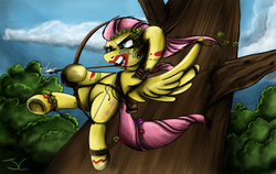 Size: 1200x758 | Tagged: safe, artist:jamescorck, fluttershy, g4, action pose, amazon, arrow, badass, bodypaint, bow (weapon), bow and arrow, female, flutterbadass, paint on fur, solo, tree, weapon
