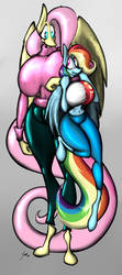 Size: 2199x4961 | Tagged: safe, artist:saliantsunbreeze, fluttershy, rainbow dash, anthro, unguligrade anthro, g4, big breasts, blushing, breasts, busty fluttershy, busty rainbow dash, clothes, colored, female, huge breasts, impossibly large breasts, lesbian, ship:flutterdash, shipping, sweater, sweatershy