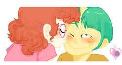 Size: 696x369 | Tagged: safe, artist:si-hu, snails, twist, human, g4, alternate hairstyle, blushing, duo, eyes closed, female, freckles, glasses, horn, horned humanization, human coloration, humanized, kissing, light skin, male, meganekko, one eye closed, ship:snailstwist, shipping, smiling, straight