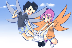 Size: 1440x960 | Tagged: safe, artist:drantyno, rumble, scootaloo, human, g4, assisted exposure, blue underwear, blushing, boxers, clothes, embarrassed, embarrassed underwear exposure, female, flying, humanized, light skin, male, pantsing, ship:rumbloo, shipping, shorts, straight, underwear, undressing, winged humanization