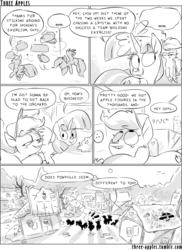 Size: 944x1294 | Tagged: safe, artist:capnpea, applejack, fluttershy, pinkie pie, rainbow dash, rarity, twilight sparkle, alicorn, earth pony, pegasus, pony, comic:three apples, g4, comic, female, mane six, mare, monochrome, ponyville, twilight sparkle (alicorn)