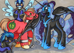 Size: 877x632 | Tagged: safe, artist:cbs, big macintosh, nightmare moon, earth pony, pony, g4, bigmoon, chains, male, rope, shadowbolts, stallion, straight, you gonna get raped