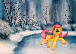 Size: 1600x1143 | Tagged: safe, artist:horseez, fluttershy, g4, female, ice, ice skates, ice skating, snow, solo, winter