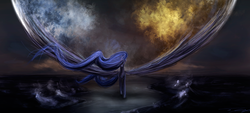 Size: 1800x810 | Tagged: safe, artist:netkarma, princess luna, g4, female, impossibly large wings, moon, solo, spread wings, surreal, water