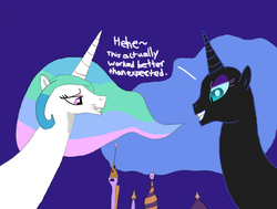 Size: 1628x1232 | Tagged: safe, nightmare moon, princess celestia, alicorn, pony, g4, clothes, comic, female, giantess, giantlestia, growth, implied incest, macro, torn clothes