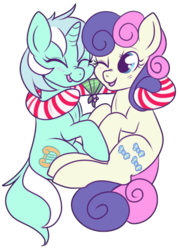 Size: 369x518 | Tagged: safe, artist:lulubell, bon bon, lyra heartstrings, sweetie drops, earth pony, pony, unicorn, g4, :t, blushing, candy cane, cheek squish, eyes closed, female, lesbian, looking at each other, mare, mistletoe, nose wrinkle, one eye closed, open mouth, scrunchy face, ship:lyrabon, shipping, simple background, sitting, smiling, squishy cheeks, tongue out, transparent background