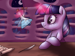 Size: 1600x1200 | Tagged: safe, artist:inkblu, twilight sparkle, g4, female, flask, magic, quill, sitting, smiling, solo