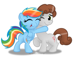 Size: 1024x801 | Tagged: safe, artist:aleximusprime, rainbow dash, oc, oc:dreamer, g4, canon x oc, cheer up, hug, rainmer, simple background, transparent background