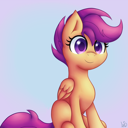 Size: 2000x2000 | Tagged: dead source, safe, artist:lamaneus, scootaloo, pegasus, pony, g4, blank flank, cute, cutealoo, female, filly, foal, gradient background, signature, sitting, smiling, solo