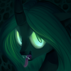 Size: 900x900 | Tagged: safe, artist:dzmaylon, queen chrysalis, changeling, changeling queen, g4, close-up, dark, fangs, female, glowing eyes, kitchen eyes, licking lips, looking at you, solo, tongue out