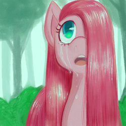 Size: 500x500 | Tagged: safe, artist:muffychan83, pinkie pie, earth pony, pony, g4, crying, female, forest, front view, hair over one eye, looking up, mare, open mouth, outdoors, pinkamena diane pie, sad, solo, teary eyes