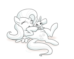 Size: 607x486 | Tagged: safe, artist:placeholder, angel bunny, fluttershy, g4, monochrome, tickling