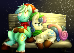 Size: 800x571 | Tagged: safe, artist:moonlightfl, bon bon, lyra heartstrings, sweetie drops, g4, bench, boots, christmas, clothes, duo, hat, holiday, mittens, santa hat, scarf, sitting, smiling, snow, snowfall, winter
