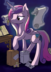 Size: 2480x3508 | Tagged: safe, artist:php64, princess cadance, alicorn, pony, g4, book, female, letter, paperwork, pile, scroll, sleepy, solo, table, working