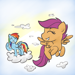 Size: 512x512 | Tagged: safe, artist:ijustloveit619, rainbow dash, scootaloo, g4, cloud, cloudy, flying, scootaloo can fly