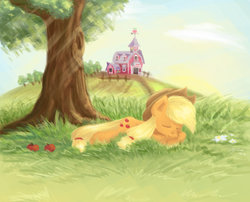 Size: 1024x828 | Tagged: safe, artist:eljonek, applejack, g4, apple, female, obligatory apple, sleeping, solo, sweet apple acres, tree