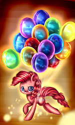 Size: 1024x1707 | Tagged: safe, artist:aquagalaxy, pinkie pie, earth pony, pony, g4, balloon, cloud, crying, female, fluffy, reflection, solo, then watch her balloons lift her up to the sky