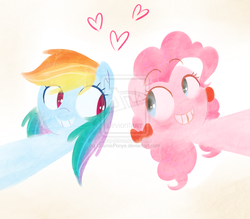 Size: 1024x898 | Tagged: safe, artist:cosmicponye, pinkie pie, rainbow dash, g4, alternate hairstyle, bow, duo, heart