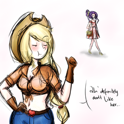 Size: 900x900 | Tagged: safe, artist:cosmicponye, applejack, rarity, human, g4, belly button, blushing, clothes, dialogue, female, front knot midriff, gloves, humanized, lesbian, liarjack, light skin, midriff, observer, ship:rarijack, shipping