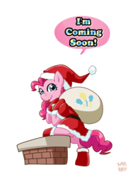 Size: 600x800 | Tagged: safe, artist:norang94, pinkie pie, earth pony, pony, g4, bipedal, chimney, clothes, costume, female, hat, sack, santa hat, santa sack, simple background, solo, tongue out, transparent background